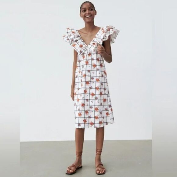 Zara Ruffled Shoulder Midi Dress Size M - Picture 2 of 16
